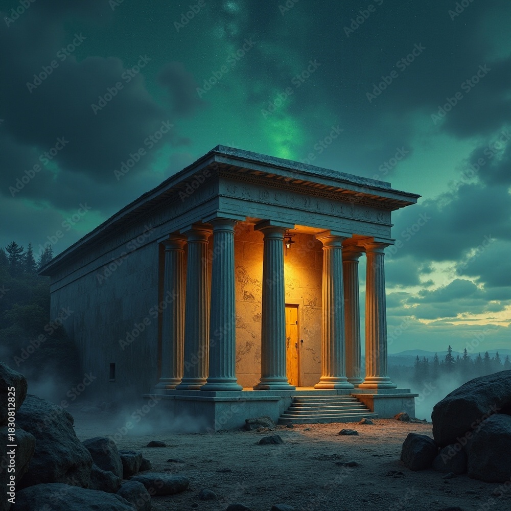 Fototapeta premium Ancient temple glows under a starry night sky in nature Generative AI