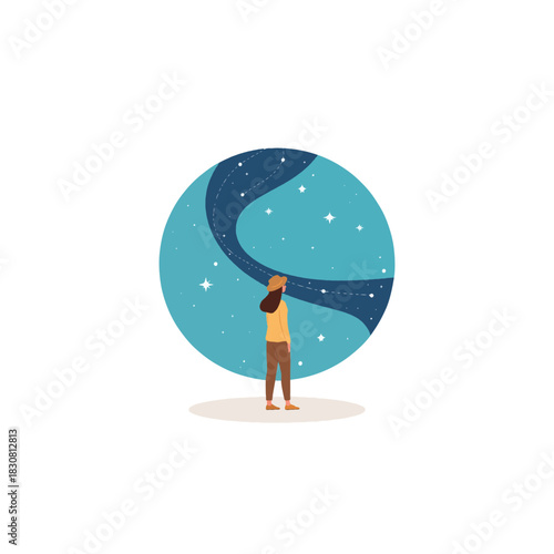 Woman gazes at celestial sphere dreaming of cosmic exploration and intergalactic connection to the