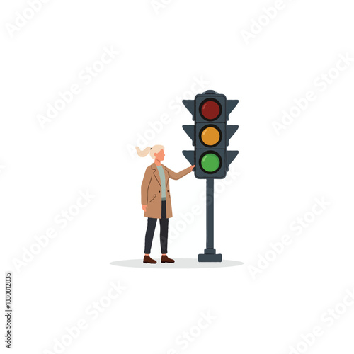 Woman interacting with traffic signal, conceptualizing urban existence and automated systems,