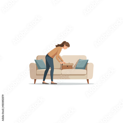 Woman lifting cardboard box from couch in brightly lit living room environment featuring