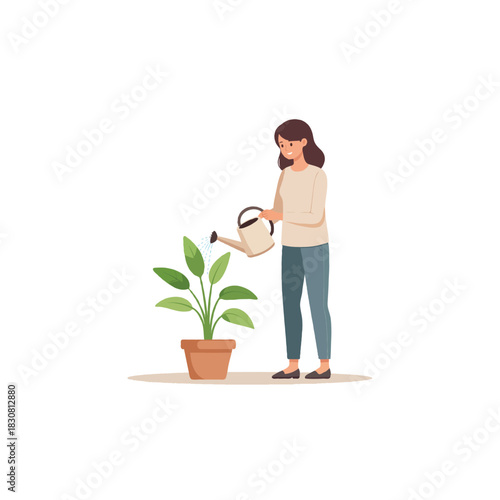 Woman nurturing indoor plant with watering can showing care and domestic harmony within home