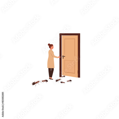 Woman preparing to open door with ants crawling toward threshold and challenging domestic harmony