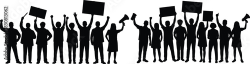 Protestors diverse crowd silhouettes with signs and megaphones advocating for change and social justice. Vector illustration.