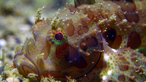 Macro view of a colorful marine fish's face, underwater, for educational biology