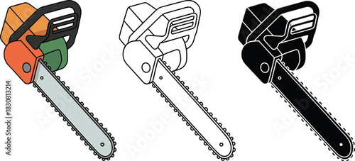 Chain Saw silhouette & Outline and illustration set isolated on transparent background
