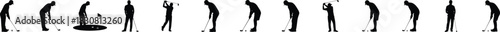 Golfers action silhouettes showing swing and putting techniques for sports content and motion graphics. Vector illustration.