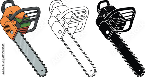 Chain Saw silhouette & Outline and illustration set isolated on transparent background