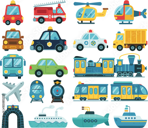 Collection of Colorful Flat Design Icons of Various Vehicles transportation