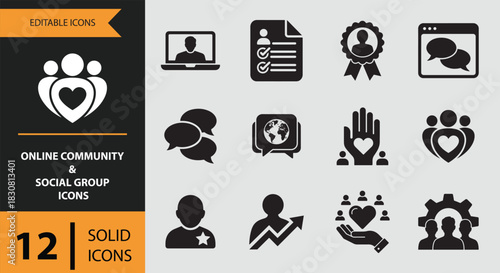 Online community and social group icons solid icon set isolated on white background