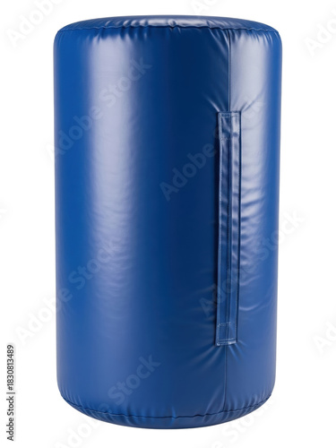 Blue cylindrical punching bag for boxing and martial arts training on a transparent background