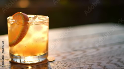Orange cocktail in glass, lit by warm light, set on wooden table, blurred background; food, drink, beverage