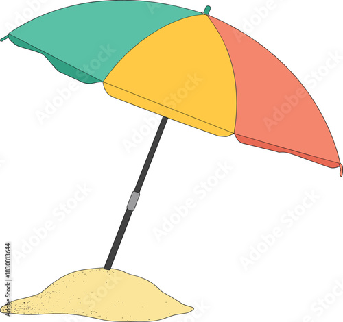Colorful Beach Umbrella Stuck in a Sandy Mound on a White Background Keywords: beach, umbrella