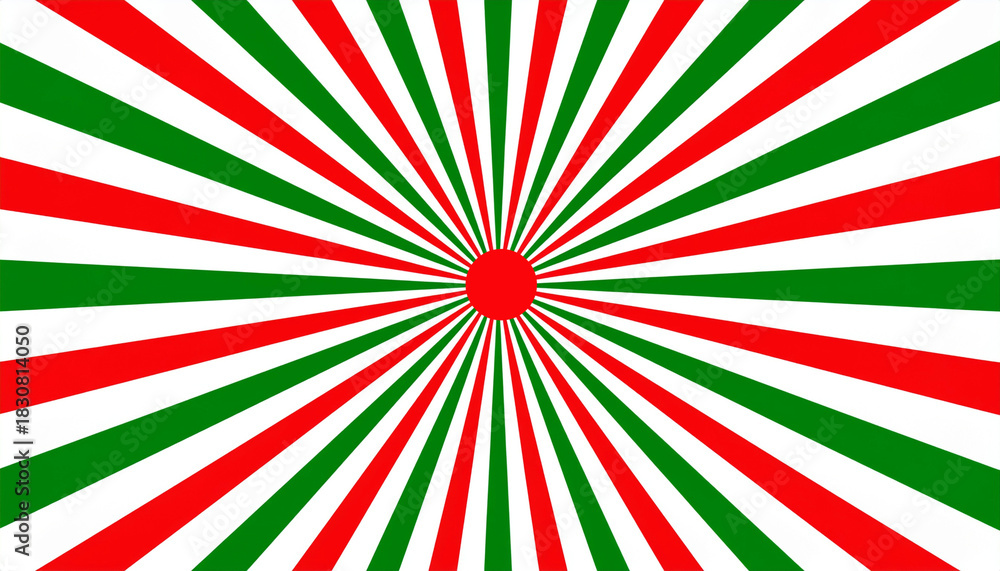 Fototapeta premium A symmetrical radial burst pattern composed of red white and green stripes with a red dot center. Ai
