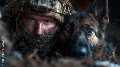 A soldier in tactical gear and camouflage, closely nestled with a trusty dog, epitomizing loyalty and companionship in a challenging environment.
