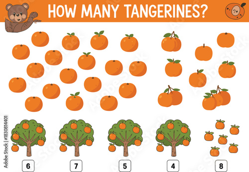 Educational Counting Game with Tangerines and Trees for Children kids