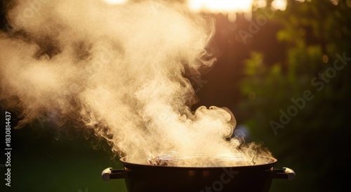 Thick smoke billows from a barbecue grill during an outdoor cooking event