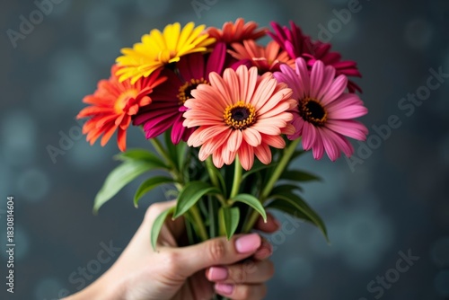 A woman's hand grasping a vibrant bouquet of flowers showcasing colorful petals and delicate stems.