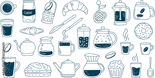 Hand Drawn Coffee And Bakery Items Doodle Collection french press teapot