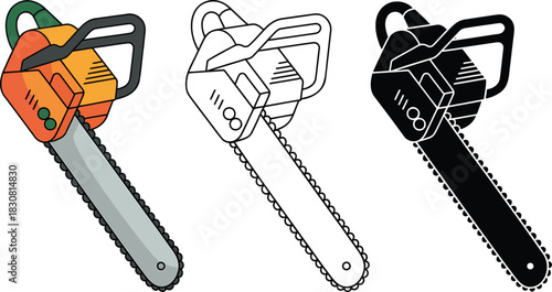 Chain Saw silhouette & Outline and illustration set isolated on transparent background
