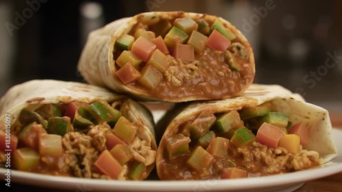 Stacked burritos with filling and diced vegetables in close up, kitchen, for food advertising