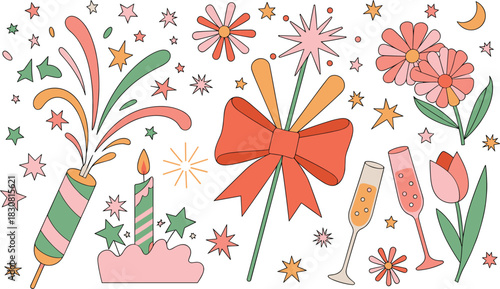 Retro Party Elements with Flowers and Sparklers on White Keywords: party, celebration, retro