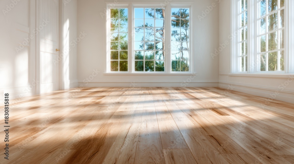 Fototapeta premium A spacious, brightly lit room showcasing wooden flooring and large windows allowing natural light that brings warmth and comfort to the interior space, ideal for relaxation.