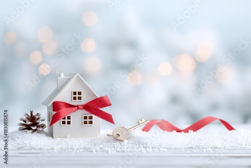 Miniature house with red ribbon and key in snowy holiday setting