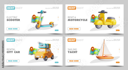 Easy rent service, online booking touristic transport 3D banner vector set, travel by car, electric scooter, motorcycle