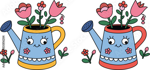 Two Cute Cartoon Watering Cans with Pink Tulips Keywords: watering can, cartoon, cute