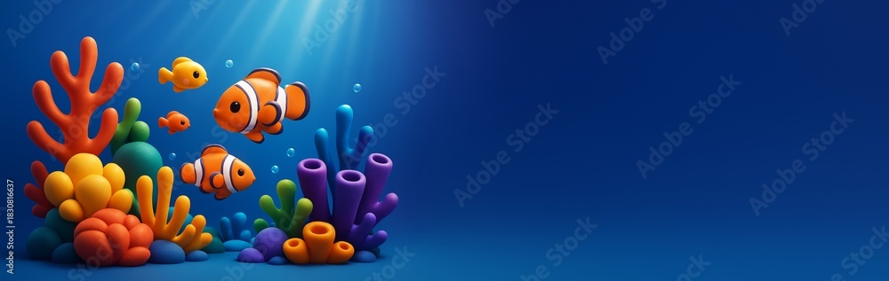 Fototapeta premium Colorful cartoon clownfish and coral reef underwater scene with vibrant marine life on blue background with copy space for creative design template. Ai generative