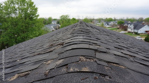 Worn asphalt shingle ridge seen from rooftop perspective, highlighting damaged shingle, granule loss, and need for roof inspection, restoration, or replacement.