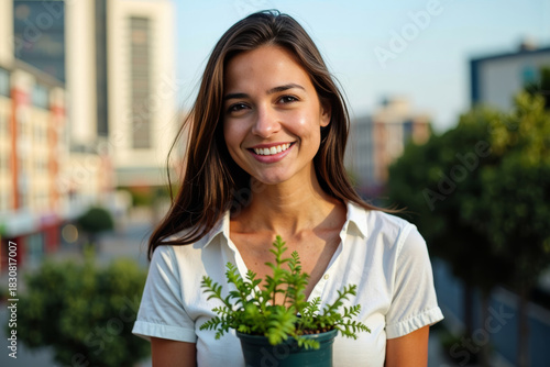 Fototapeta Naklejka Na Ścianę i Meble -  An urban landscape serves as the backdrop for a woman holding a small potted plant