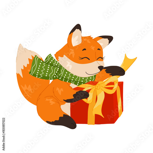 Cute fox with a green scarf holding a red Christmas gift box with a yellow ribbon. Vector cartoon animal illustration for holiday cards, children’s designs, winter decor, sticker and print