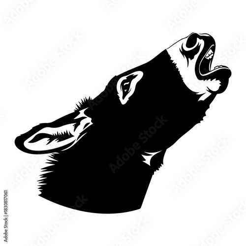 A black and white graphic of a wolf howling with its head tilted upward