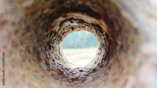 Old iron metal dirty sewer or drainage round pipe hole inside view with rust, corrosion and weathering damage. Aged bore well, sewage pipeline or rusty tube concept.