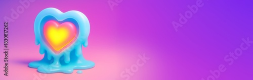 Melting blue heart shape with glowing colorful core on gradient pink purple b...