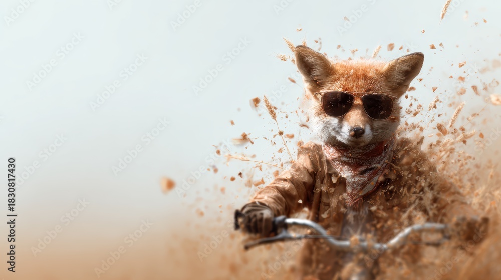 Naklejka premium A whimsical illustration of a fox wearing sunglasses and a scarf, riding a bicycle through dusty terrain, blending humor and creativity in a playful artistic scene.