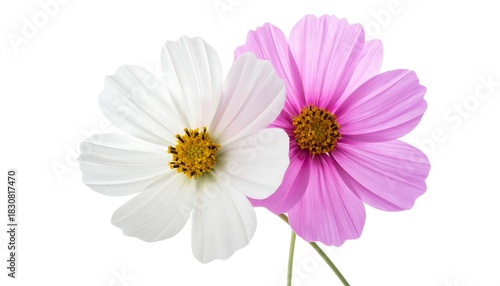 Delicate Cosmos Flowers in White and Pink on White Background.