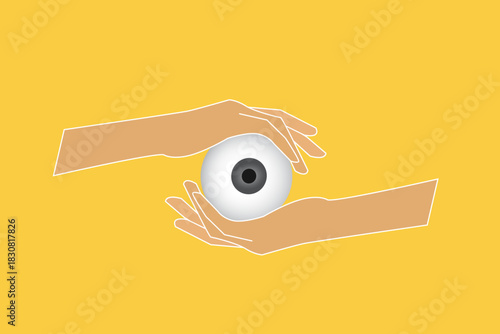 Hands holding and covering eyeball. concept of medical care, Healthy internal organ healthcare and treatment