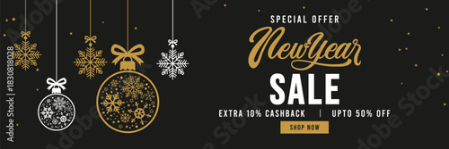 Elegant New Year sale banner with black background, gold and white typography, hanging snowflake ornaments and stars, promoting special offer holiday discount. 