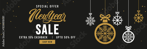 Elegant New Year sale banner with black background, gold and white typography, hanging snowflake ornaments and stars, promoting special offer holiday discount. 