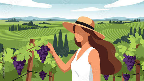 Illustration of a woman in a sun hat, inspecting grapes in a vineyard, with rolling hills and a landscape in the background, a wine-related concept