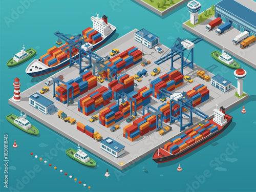 Isometric illustration of a busy cargo seaport with container ships, cranes, and trucks for global logistics and freight transportation dd