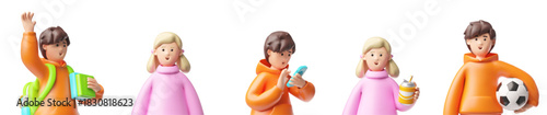 3D set of boys and girls with a backpack, drink, phone, and ball, in various actions.
