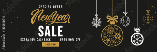 Elegant New Year sale banner with black background, gold and white typography, hanging snowflake ornaments and stars, promoting special offer holiday discount. 