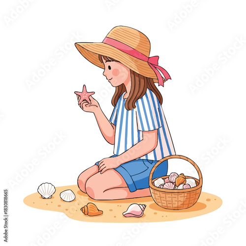 A young woman in a straw hat examines a starfish on the beach beside a wicker basket filled with seashells and other ocean treasures.