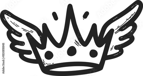 Crown with wings sketch, hand drawn vector, bold black outline, simple decorative style. Vector illustration