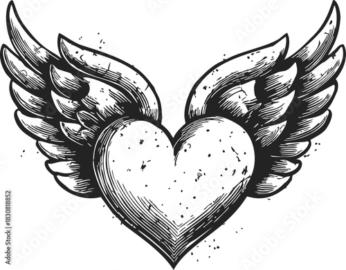 Winged heart sketch hand drawn style with detailed feathers and grunge texture. Vector illustration