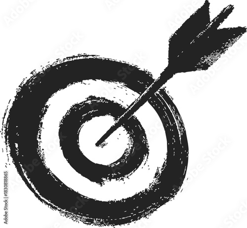 Arrow target sketch, hand drawn vector, rough brush bullseye with arrow in center. Vector illustration