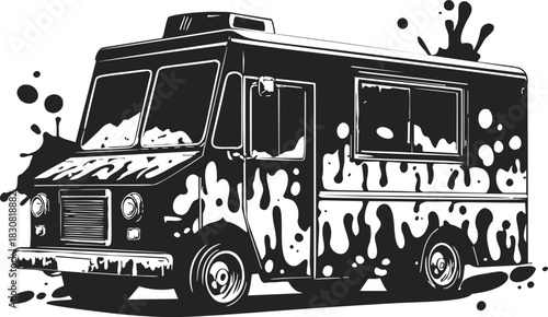 Food truck sketch with artistic paint splatter and hand drawn ink style. Vector illustration
